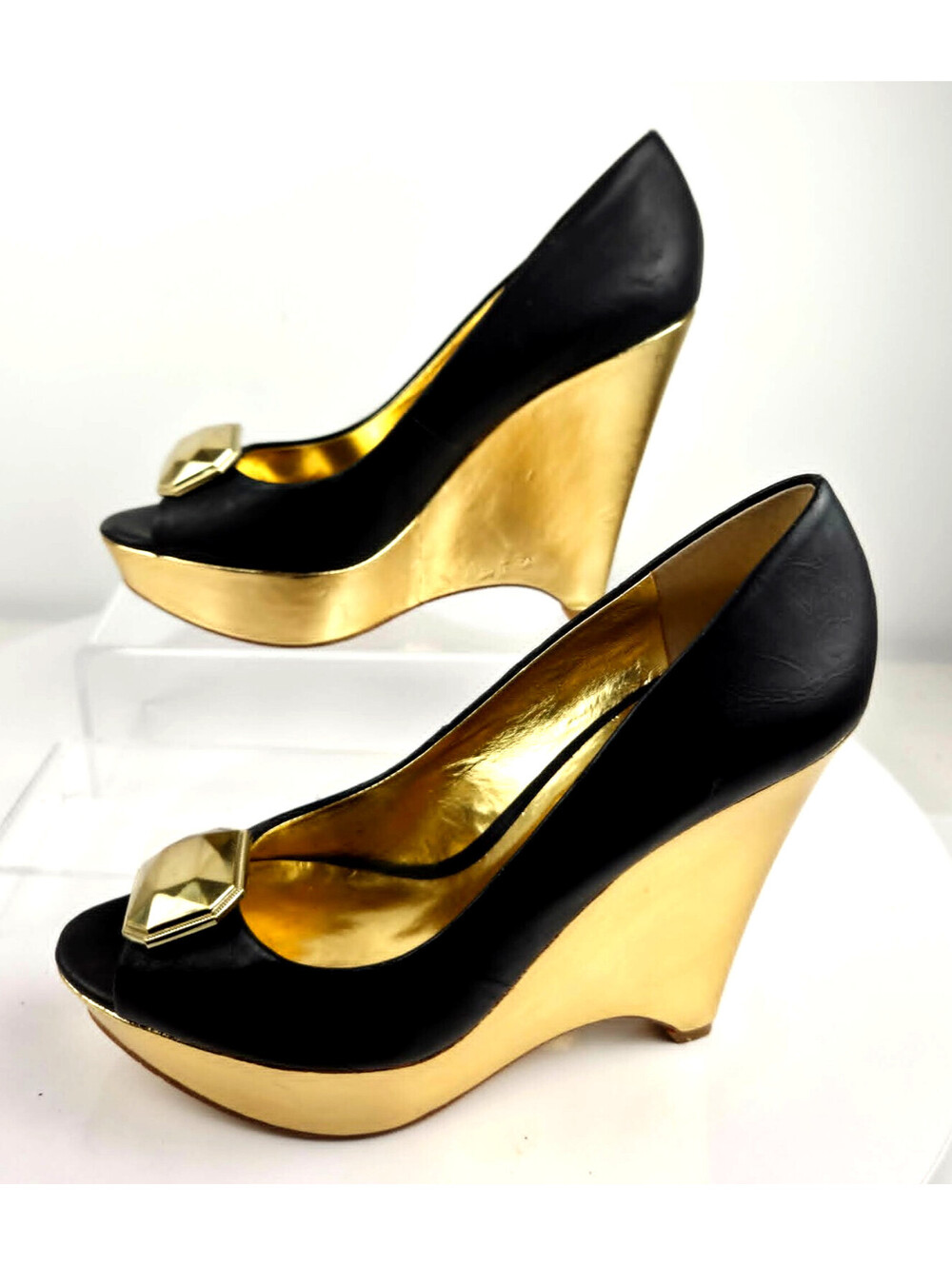 Beverly Feldman Black Gold Platform Wedge Heels Womens 7M Peep Toe Y2K